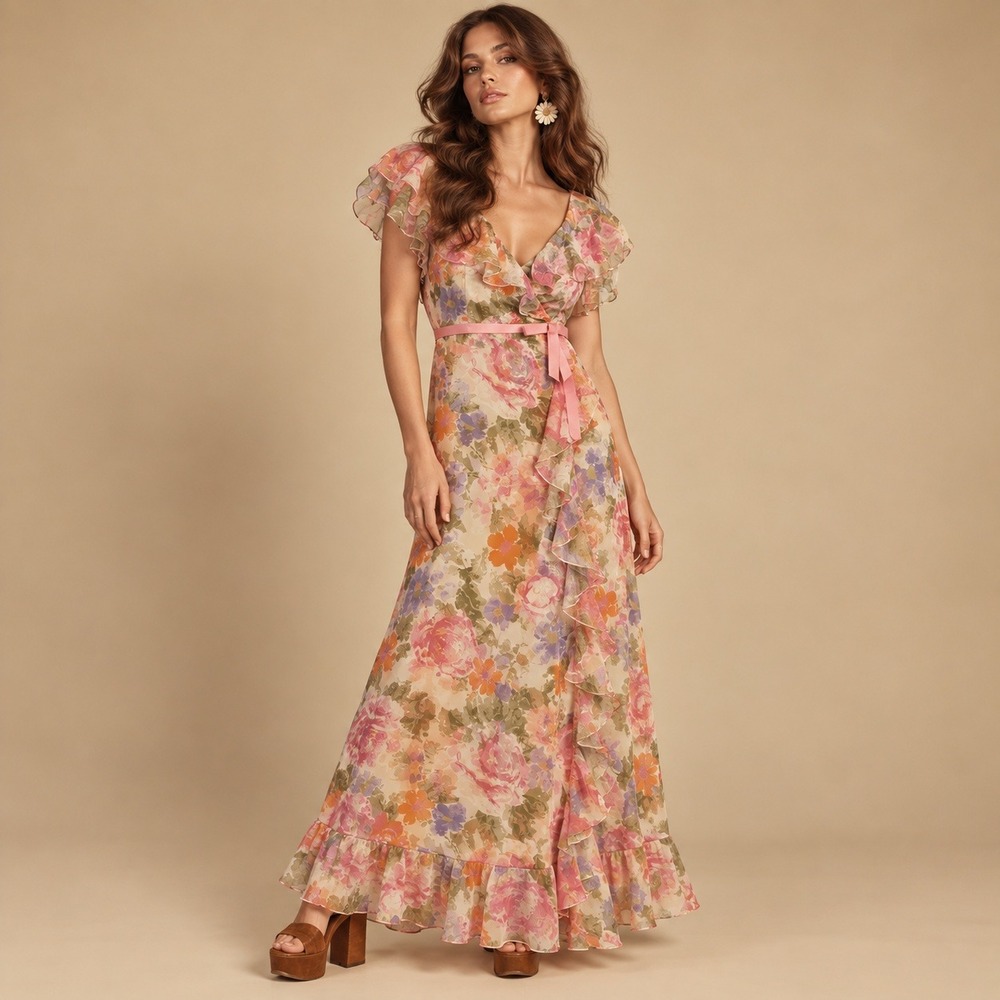 Vintage Maxi Dress Womens 9/10 Pink Floral 60s 70s Faux Wrap Ruffle Boho Cottage